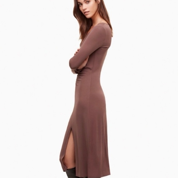 Aritzia Wilfred mocha mousse brown Aveyron long sleeve jersey dress - Large NWOT - Picture 4 of 5